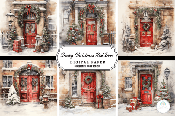 Enchanting Snowy Christmas Red Door Background