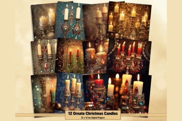 Ornate Christmas Candles Digital Papers for Festive Crafts