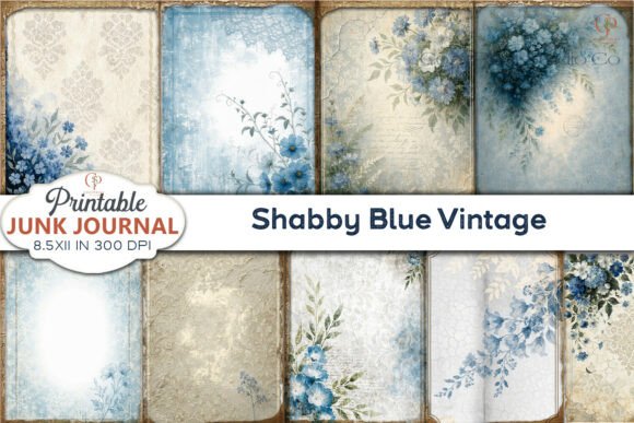 Shabby Blue Vintage Junk Journal Pages: A Digital Craft Asset